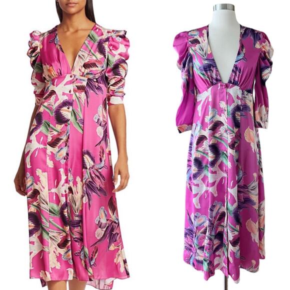 PATBO Grace Floral Dress Satin Puff Sleeve Midi Button Down Influencer US 6 - Picture 1 of 14